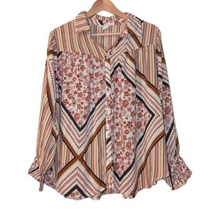 Cato Striped Floral Button Down Long Sleeve Smocked Boho Oversized Blouse Top